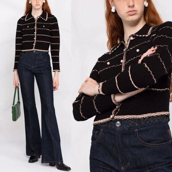 NWT Sandro Andina Cropped Cardigan Sweater Black Waffle Knit Embroidered Striped - Picture 1 of 9